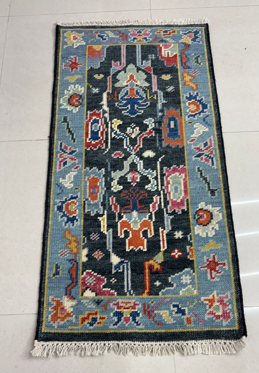 Hand Knotted Oushak Runner Rug in Blue and Multicolor Wool